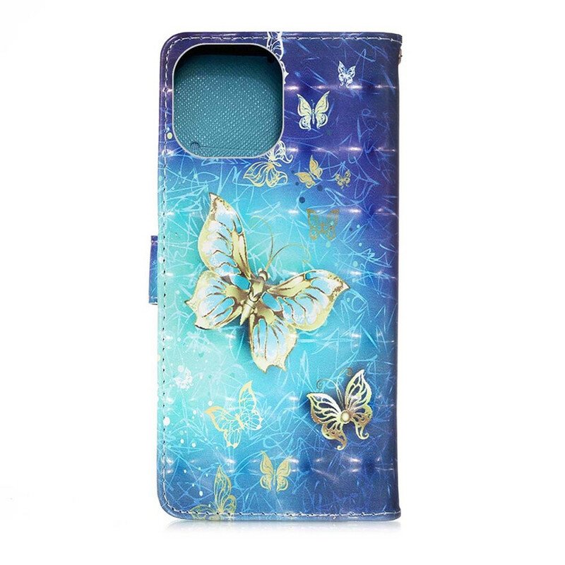 Folio-fodral iPhone 13 Mini Golden Butterflies Lanyard