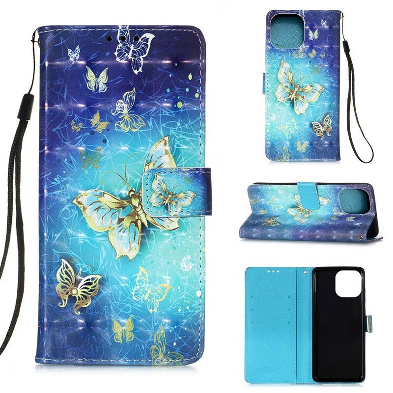 Folio-fodral iPhone 13 Mini Golden Butterflies Lanyard