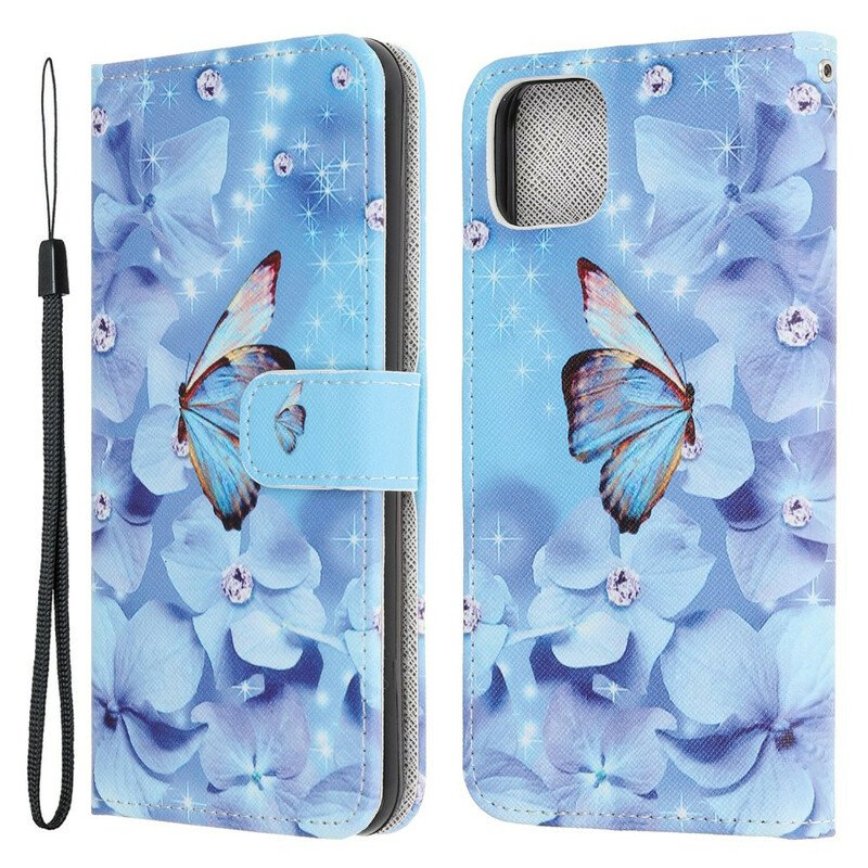 Folio-fodral iPhone 13 Mini Med Kedjar Strappy Diamond Butterflies