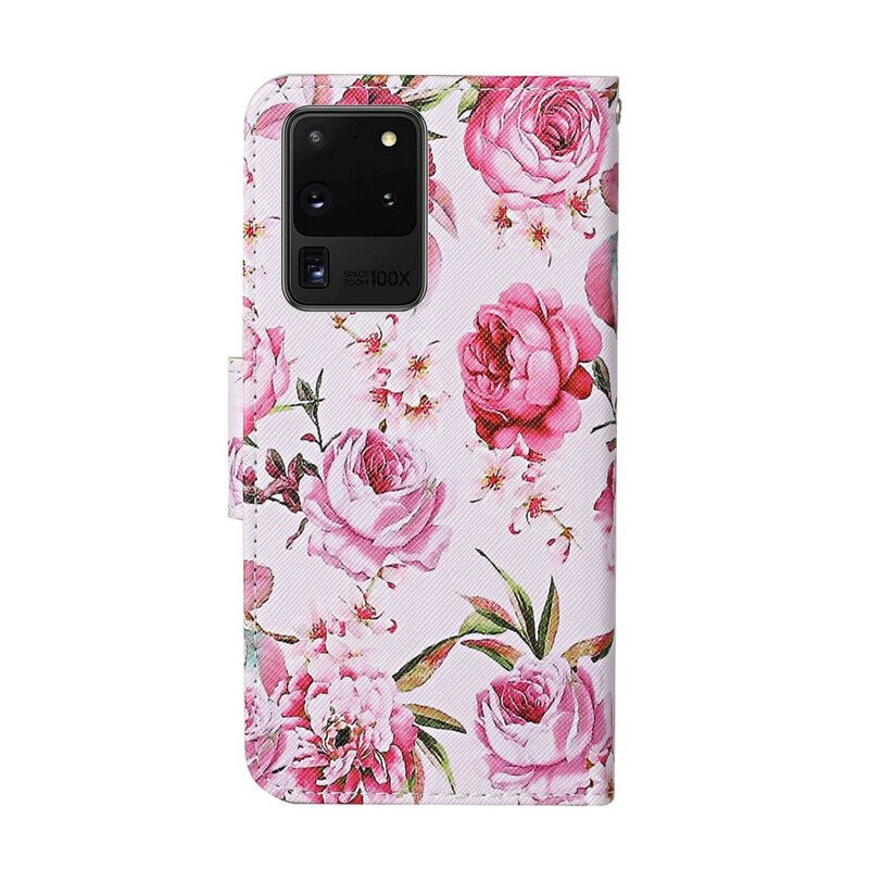 Fodral Samsung Galaxy S20 Ultra Mästerliga Blommor Med Rem