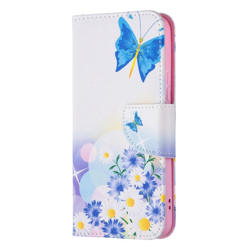 Folio-fodral Samsung Galaxy S22 5G Målade Fjärilar Och Blommor