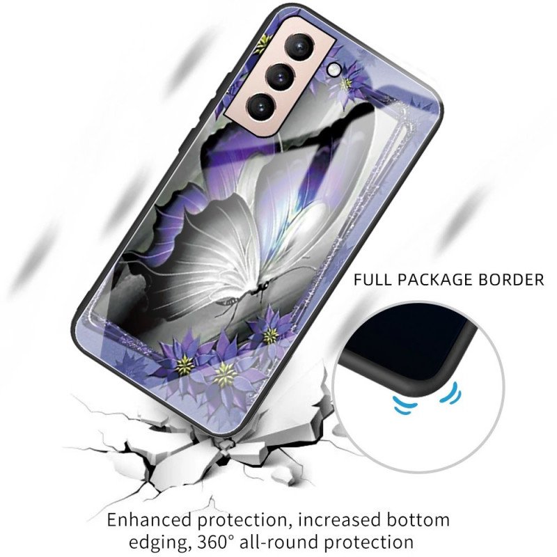 Skal Samsung Galaxy S22 5G Lila Fjäril Härdat Glas