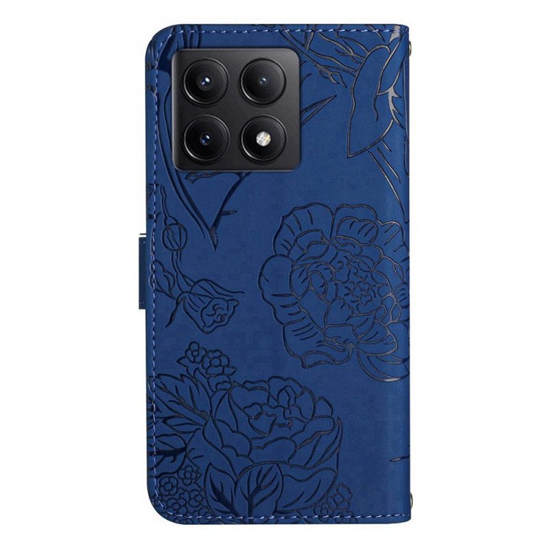 Fodral För Xiaomi 14t Pro Fjärilar Och Blommor Mönster Med Rem