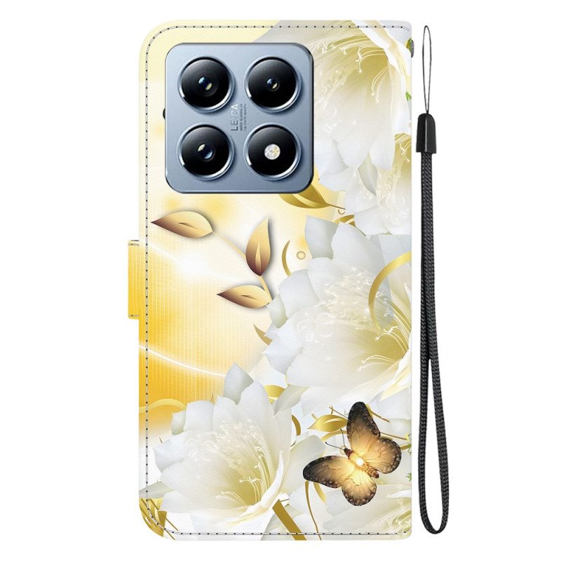 Fodral Xiaomi 14t Pro Gyllene Fjärilar Och Vita Blommor