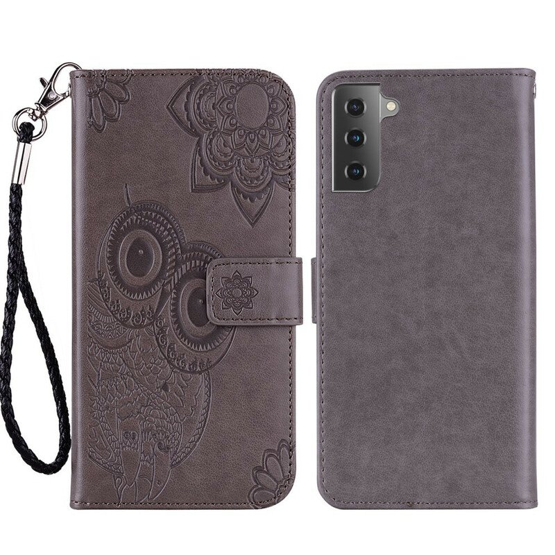 Folio-fodral Samsung Galaxy S21 FE Uggla Mandala Och Lanyard