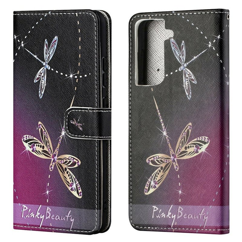 Läderfodral Samsung Galaxy S21 FE Med Kedjar Strappy Dragonflies