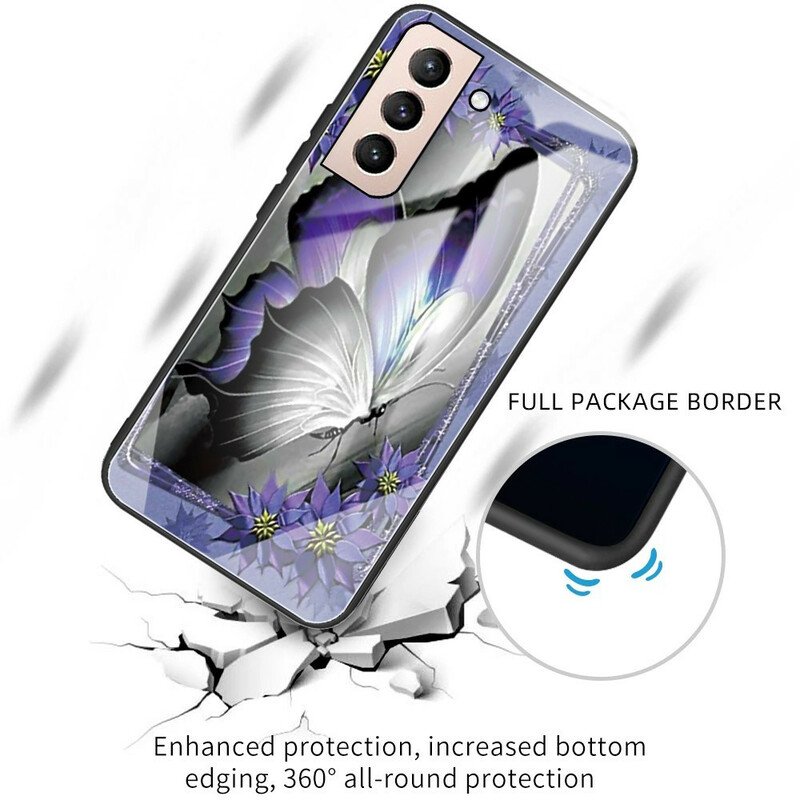 Skal Samsung Galaxy S21 FE Lila Fjäril Härdat Glas