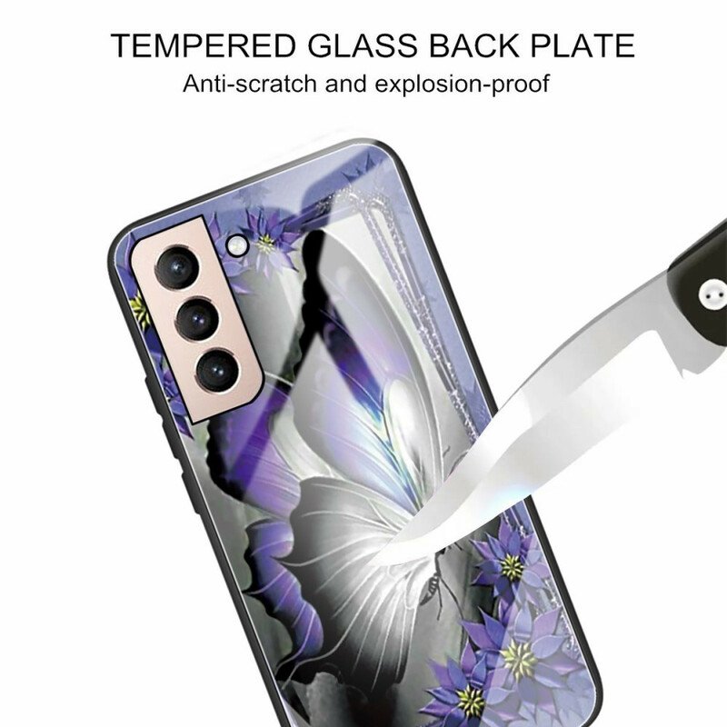 Skal Samsung Galaxy S21 FE Lila Fjäril Härdat Glas