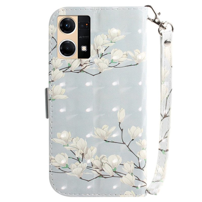 Folio-fodral Oppo Reno 7 Gren Av Vita Blommor