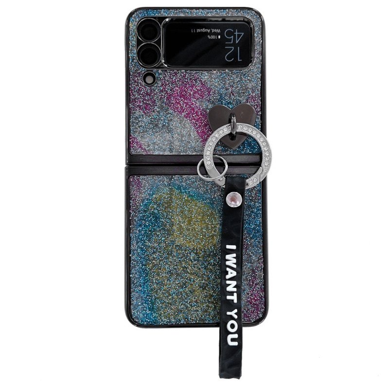 Folio-fodral Skal Samsung Galaxy Z Flip 3 5G Läderfodral Paljetter Charms Och Lanyard