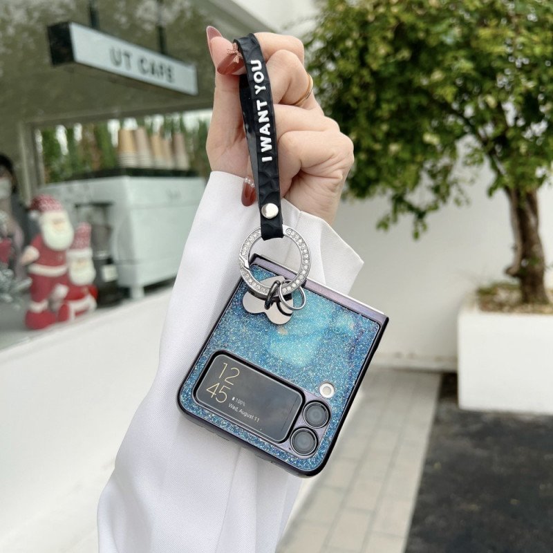 Folio-fodral Skal Samsung Galaxy Z Flip 3 5G Läderfodral Paljetter Charms Och Lanyard