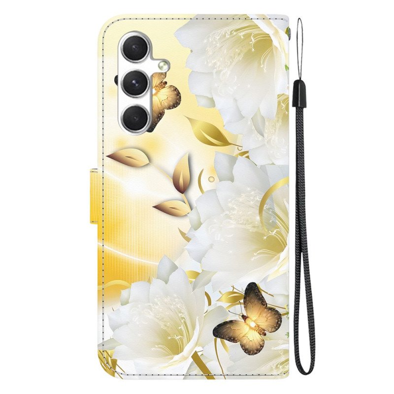 Fodral För Samsung Galaxy S24 5g Gyllene Fjäril Och Blommor Med Rem