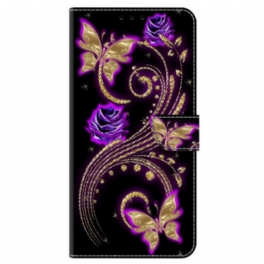 Läderskal Fodral Samsung Galaxy S24 5g Violettblommor Och Fjärilar