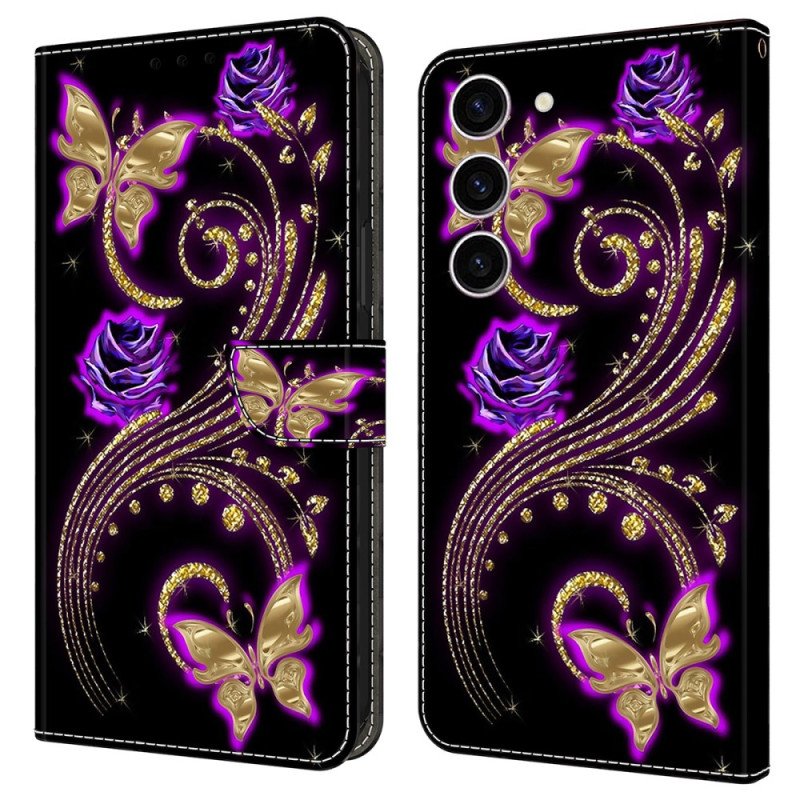 Läderskal Fodral Samsung Galaxy S24 5g Violettblommor Och Fjärilar