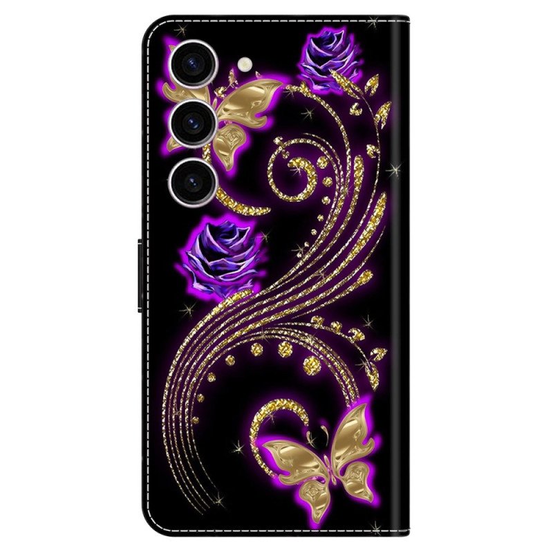 Läderskal Fodral Samsung Galaxy S24 5g Violettblommor Och Fjärilar