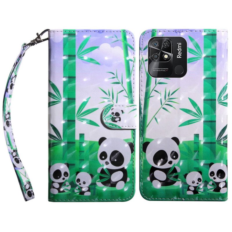 Folio-fodral Xiaomi Redmi 10C Med Kedjar Lanyard Panda Family