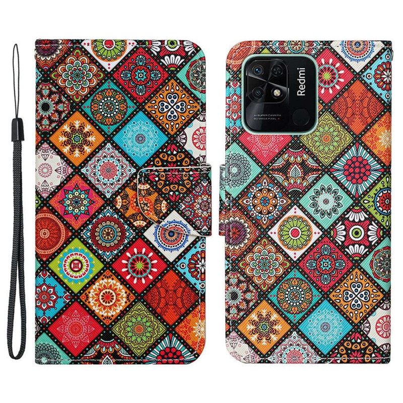 Läderfodral Xiaomi Redmi 10C Med Kedjar Strappy Patchwork