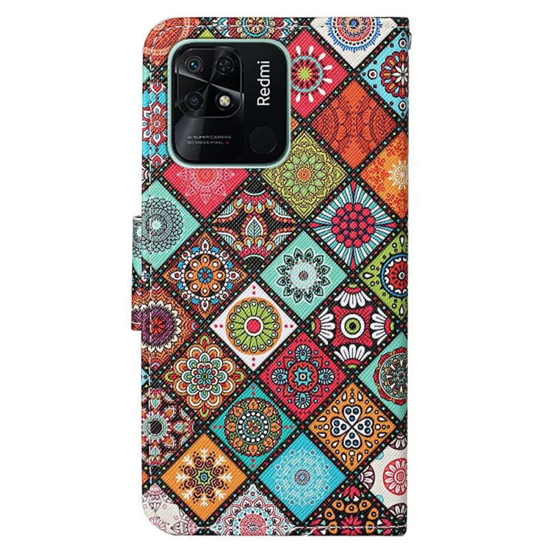 Läderfodral Xiaomi Redmi 10C Med Kedjar Strappy Patchwork