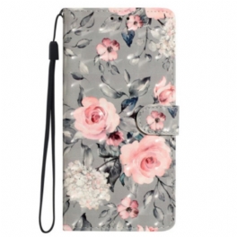 Fodral Oppo A98 5g Rosa Blommor Med Rem