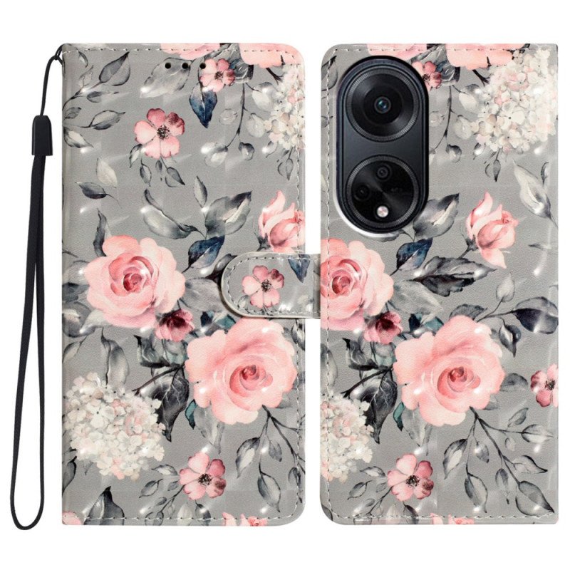 Fodral Oppo A98 5g Rosa Blommor Med Rem