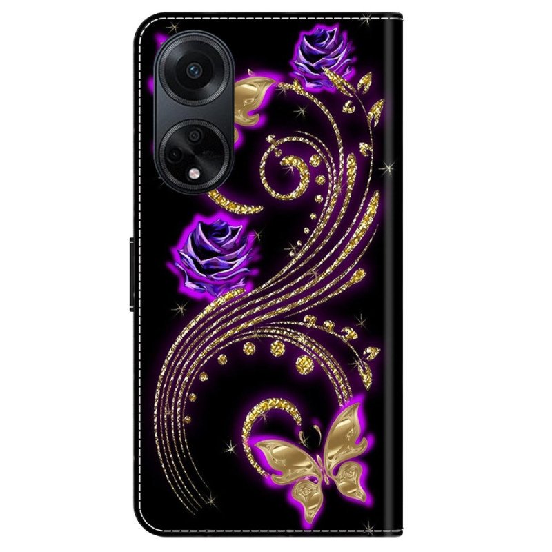 Fodral Oppo A98 5g Violettblommor Och Fjärilar