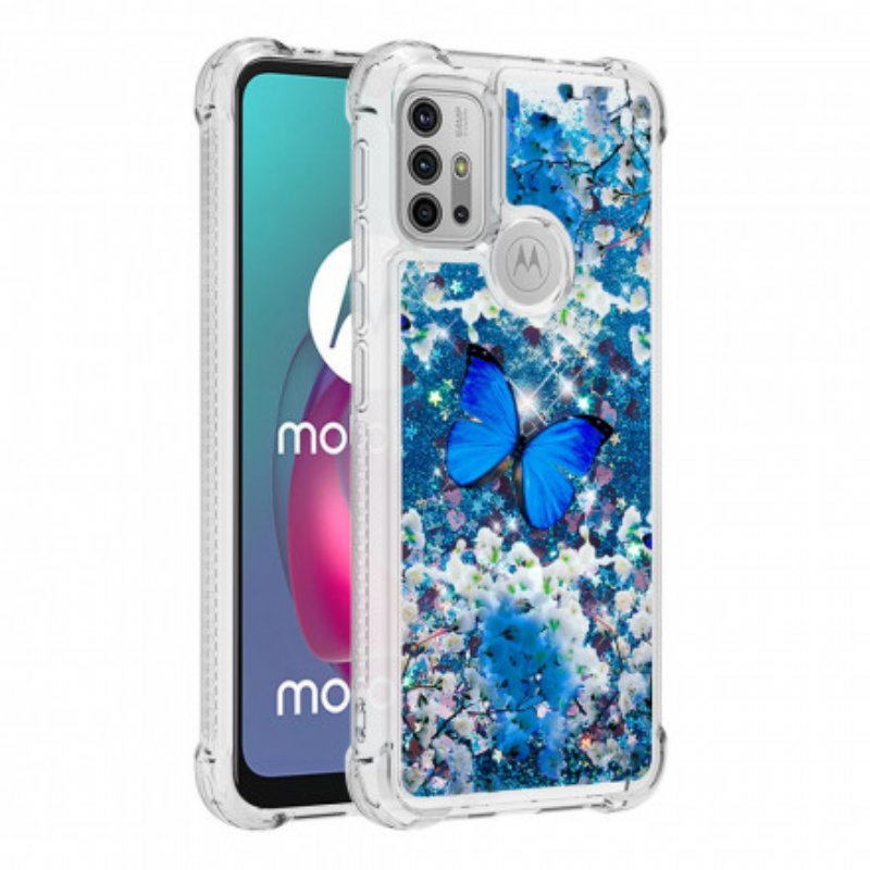 Mobilskal Moto G30 / G10 Glitter Blå Fjärilar