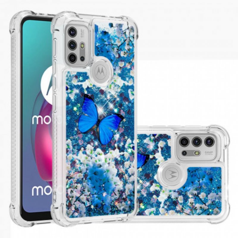 Mobilskal Moto G30 / G10 Glitter Blå Fjärilar