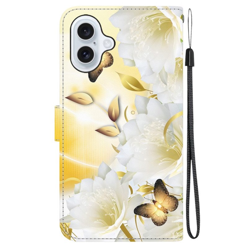 Läderfodral iPhone 16 Telefonfodral Gyllene Fjärilar Och Vita Blommor Med Rem