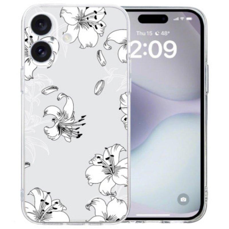 Skal För iPhone 16 Transparent Kant Vita Blommor