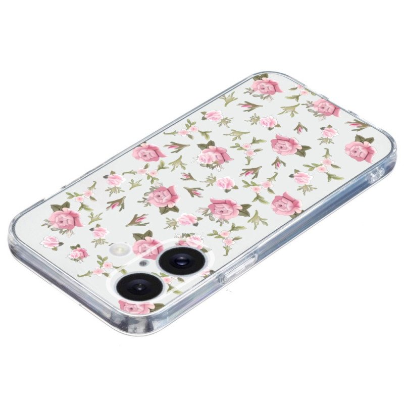 Skal iPhone 16 Transparent Edge Rosa Blommor