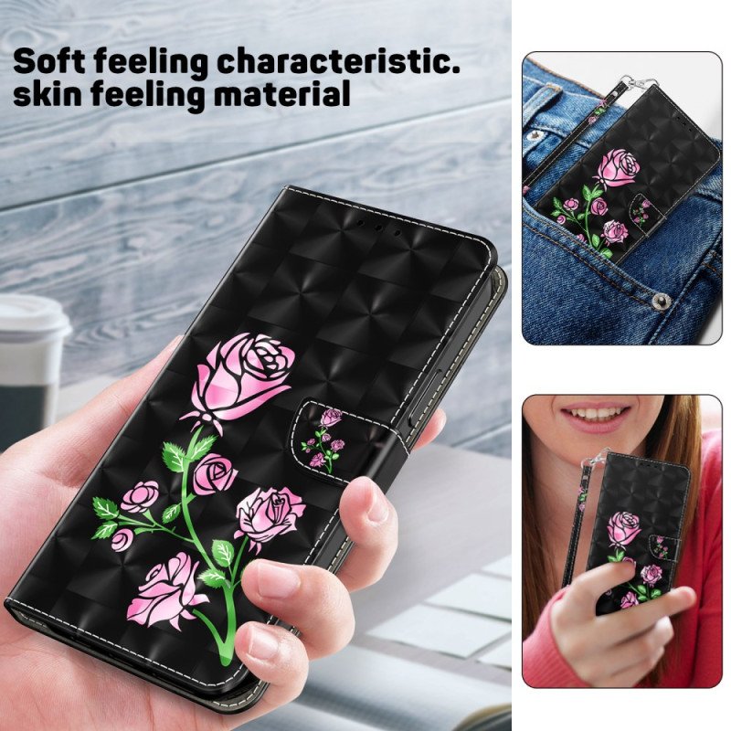 Fodral Samsung Galaxy A55 5g Rosa Blommor På Svart Bakgrund Med Rem