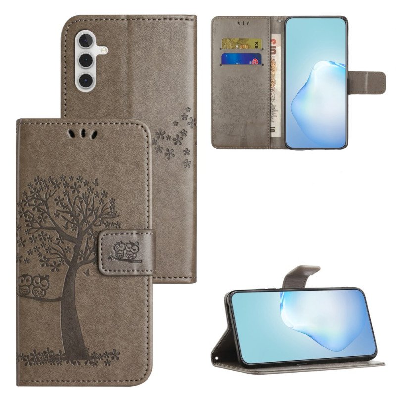 Läderskal Fodral Samsung Galaxy A55 5g Uggla Och Lanyard Tree