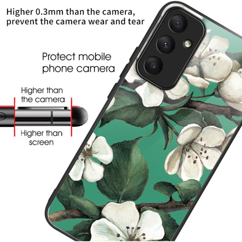 Skal För Samsung Galaxy A55 5g Vita Blommor I Härdat Glas