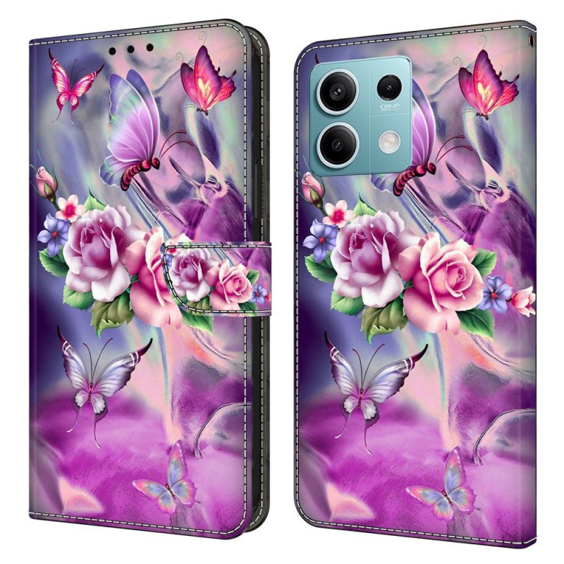 Läderfodral Xiaomi Redmi Note 13 5g Telefonfodral Lila Fjärilar Och Blommor