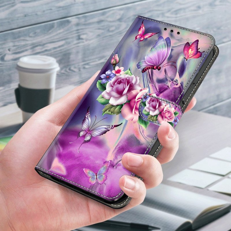 Läderfodral Xiaomi Redmi Note 13 5g Telefonfodral Lila Fjärilar Och Blommor