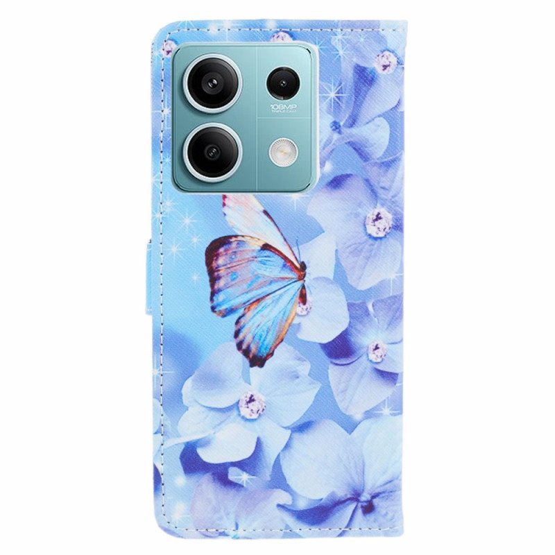 Läderskal Fodral Xiaomi Redmi Note 13 5g Blå Blommor Och Fjäril Med Rem