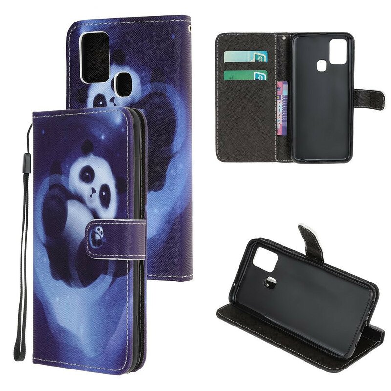 Folio-fodral Samsung Galaxy A21s Med Kedjar Panda Space Med Lanyard