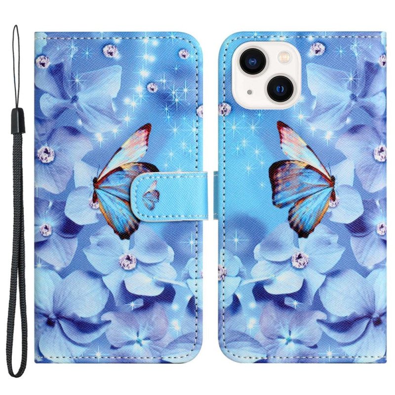 Folio-fodral iPhone 14 Plus Med Kedjar Strappy Diamond Butterflies