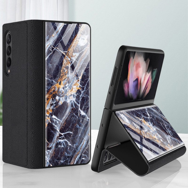 Folio-fodral Samsung Galaxy Z Fold 3 5G Läderfodral Marmoreffekt Härdat Glas