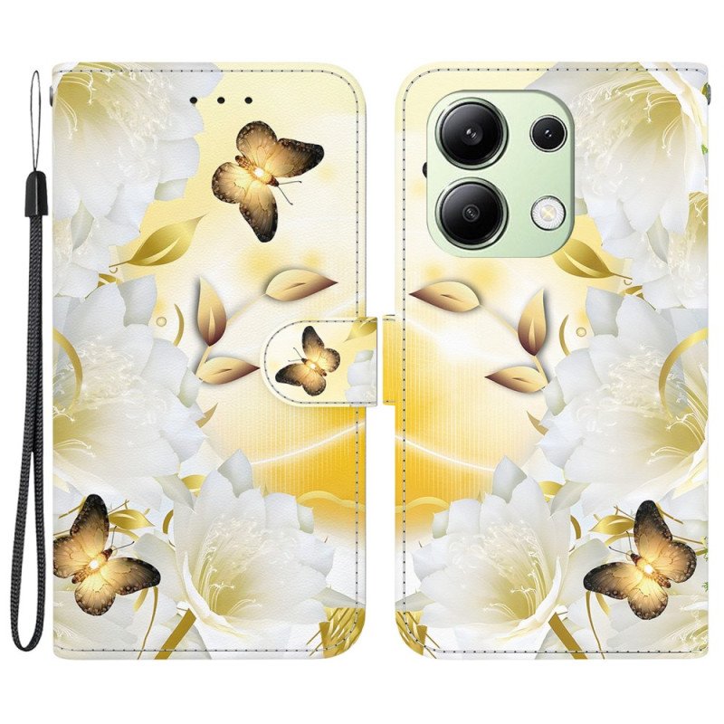 Fodral Xiaomi Redmi Note 13 4g Gyllene Fjärilar Och Vita Blommor Med Rem