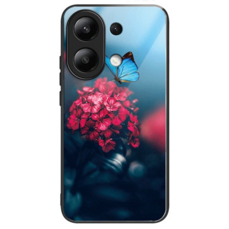 Skal Xiaomi Redmi Note 13 4g Röda Blommor Och Fjärilar I Härdat Glas