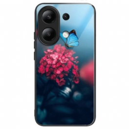 Skal Xiaomi Redmi Note 13 4g Röda Blommor Och Fjärilar I Härdat Glas