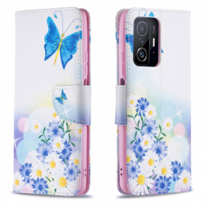 Folio-fodral Xiaomi 11T / 11T Pro Målade Fjärilar Och Blommor