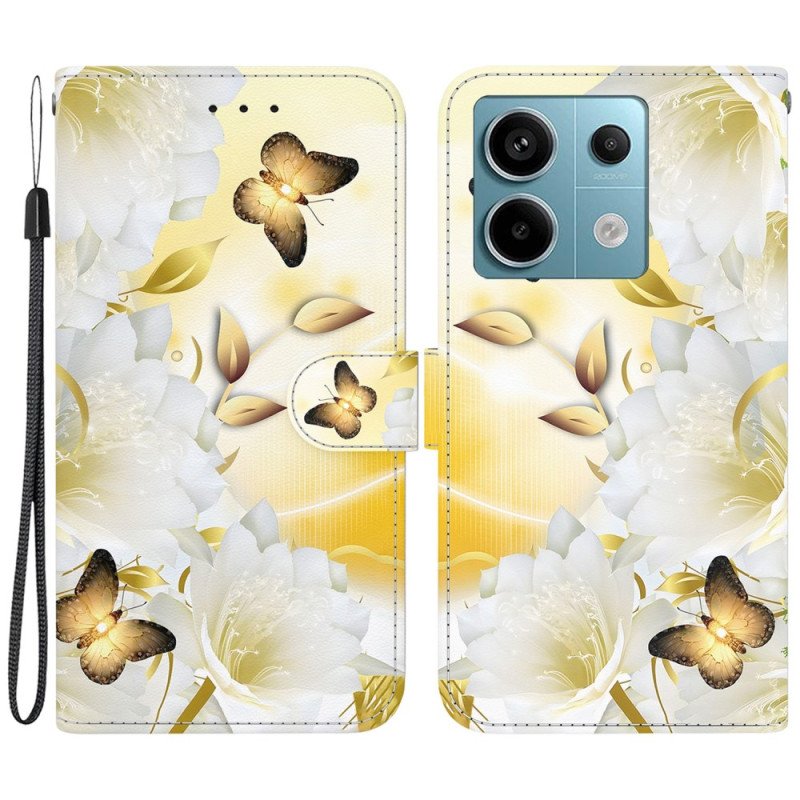 Skyddsfodral Xiaomi Redmi Note 13 Pro 5g Gyllene Fjärilar Och Vita Blommor Med Rem