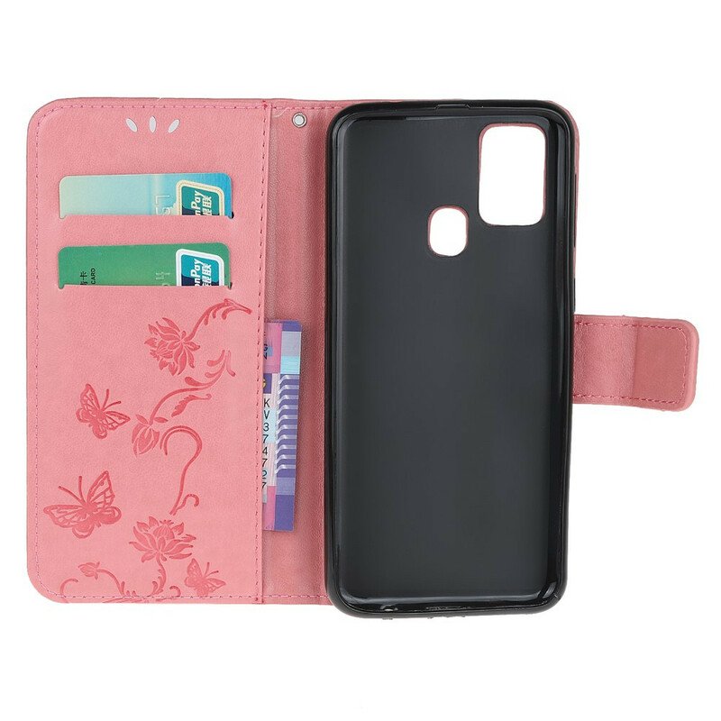 Folio-fodral Samsung Galaxy M21 Med Kedjar Stringfjärilar Och Blommor