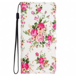 Läderskal Fodral iPhone 16 Pro Röda Blommor Med Rem