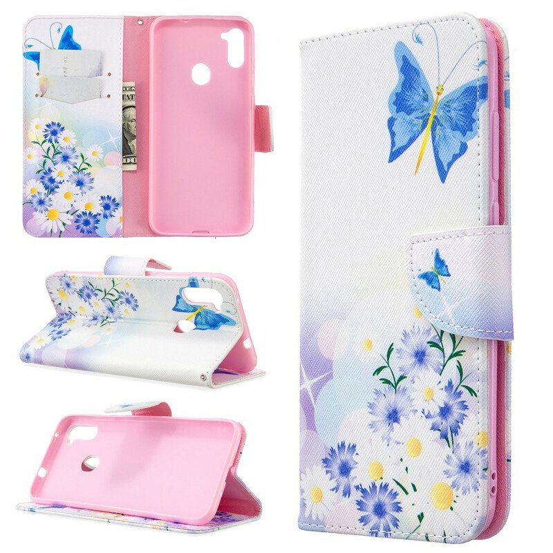 Folio-fodral Samsung Galaxy M11 Målade Fjärilar Och Blommor