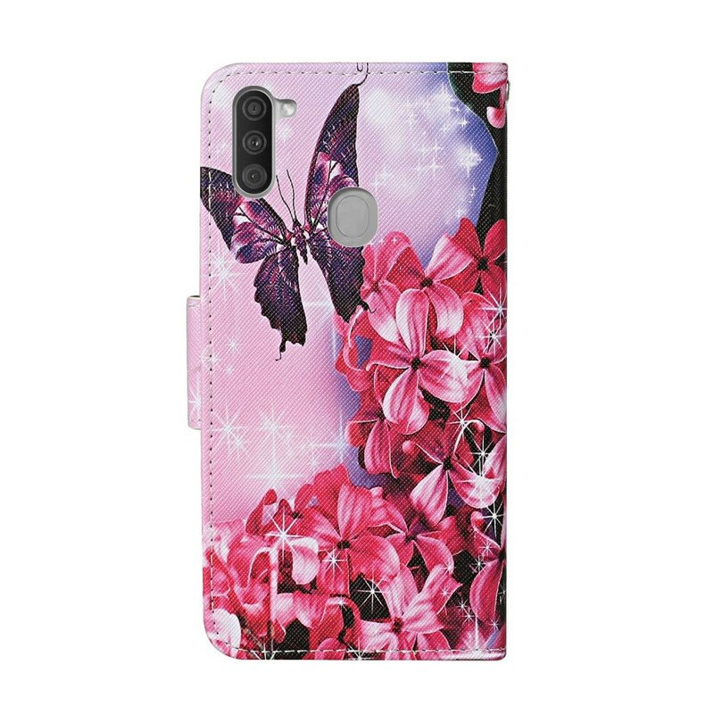 Läderfodral Samsung Galaxy M11 Butterflies Floral Lanyard