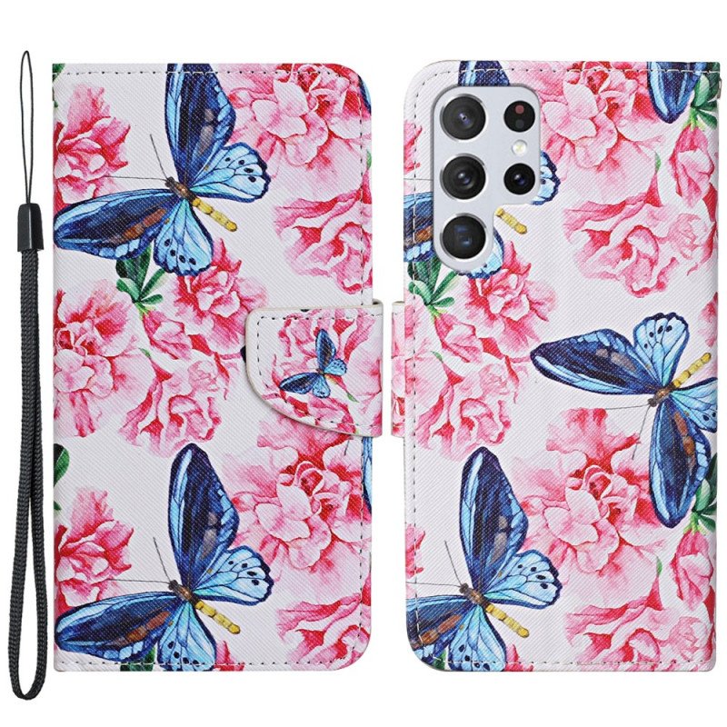 Fodral Samsung Galaxy S22 Ultra 5G Butterflies Floral Lanyard