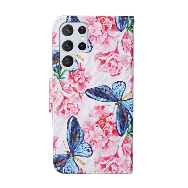 Fodral Samsung Galaxy S22 Ultra 5G Butterflies Floral Lanyard